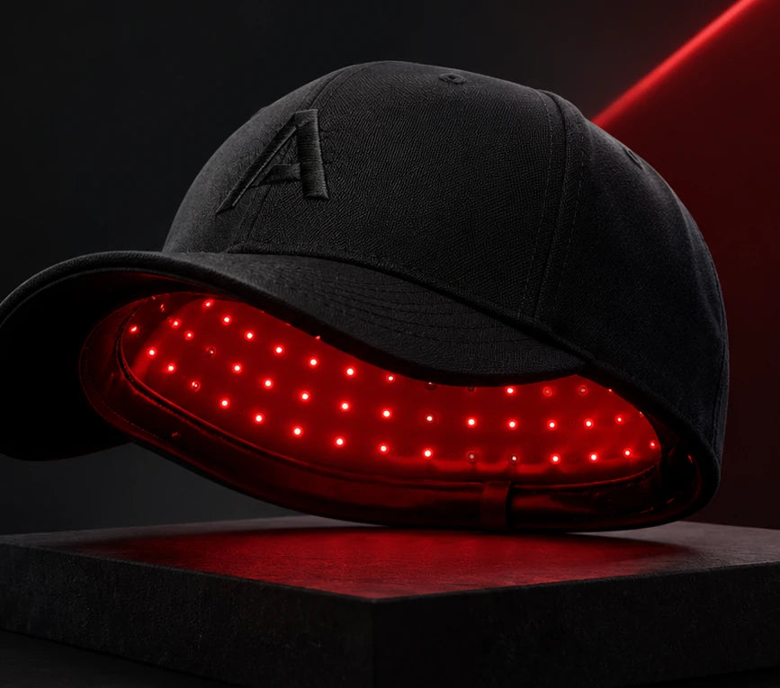 Black HairCap with red LEDs illuminated inside