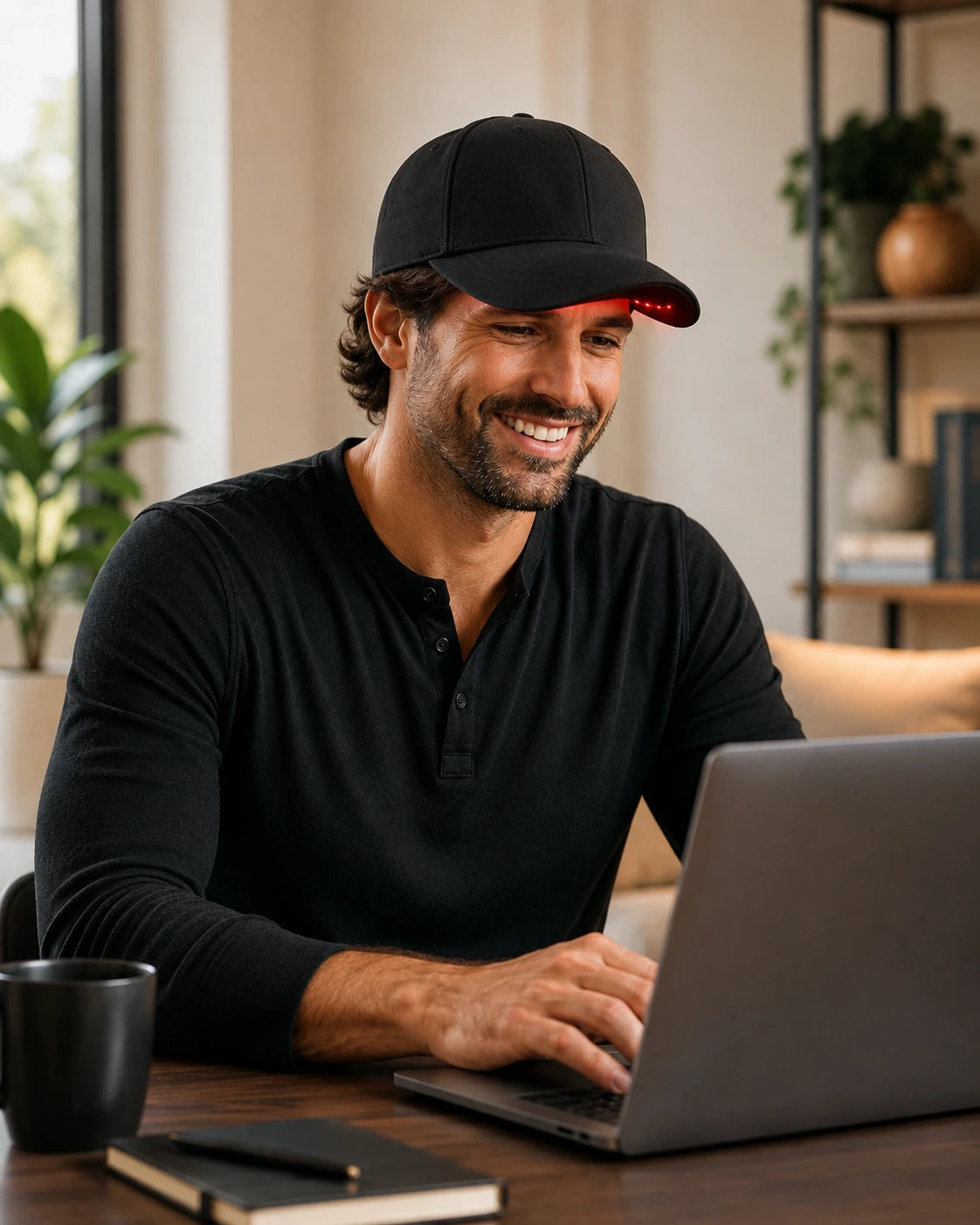 Man wearing a black HairCap while using a laptop